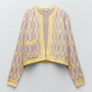 Zara NWT Argyle knit cardigan with metallic thread